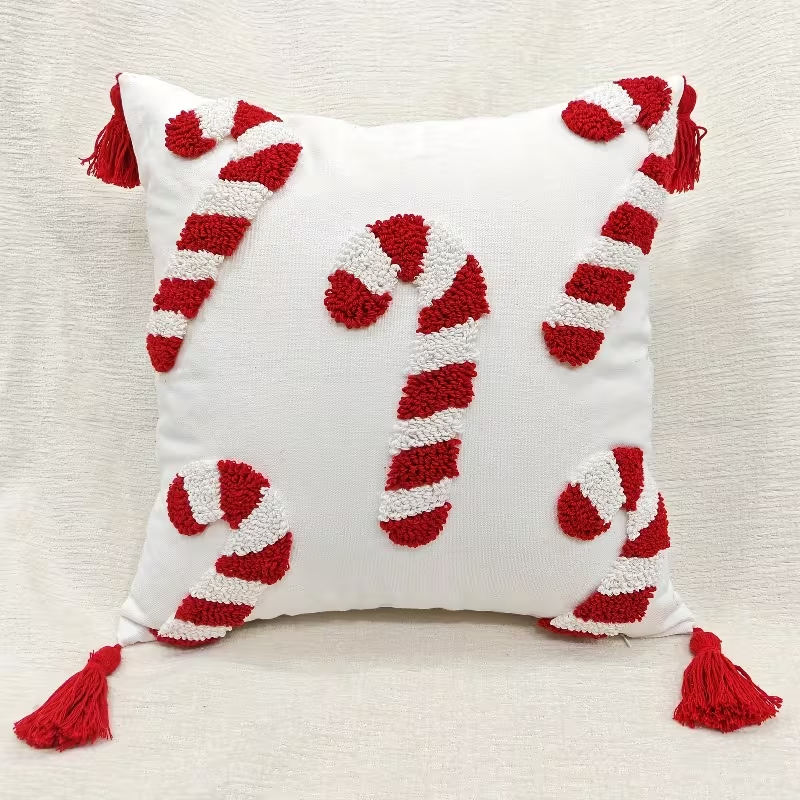 Christmas Candy Cane Cushion Cover with Plush Embroidery