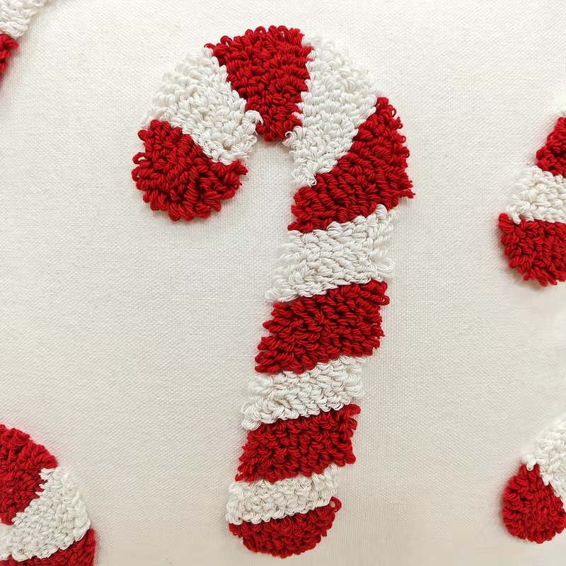 Christmas Candy Cane Cushion Cover with Plush Embroidery