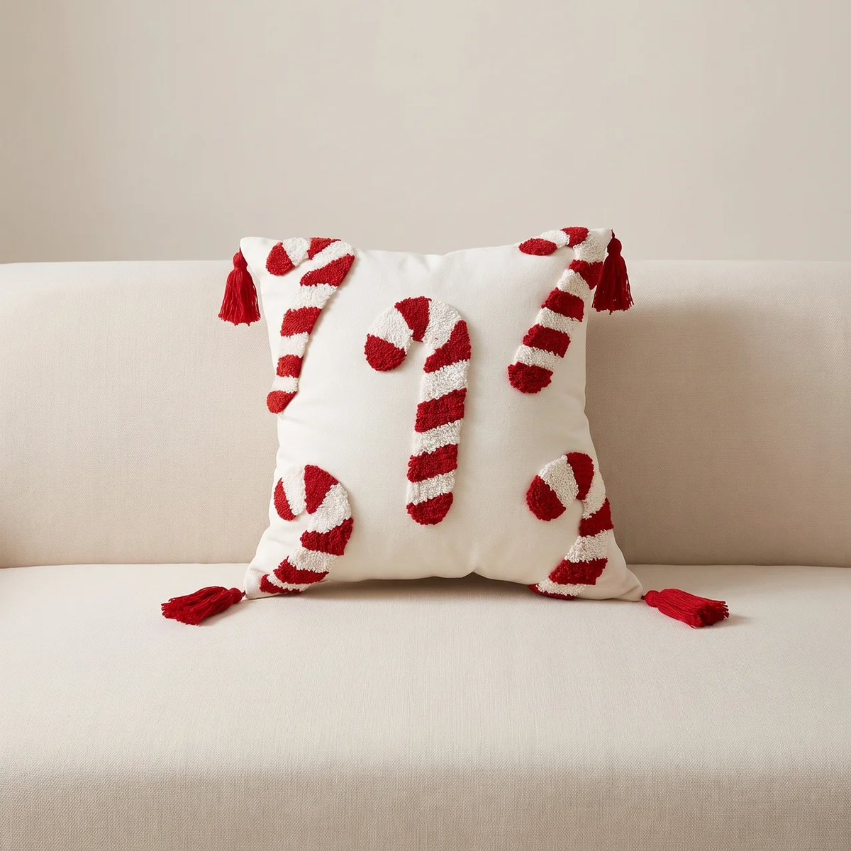 Christmas Candy Cane Cushion Cover with Plush Embroidery