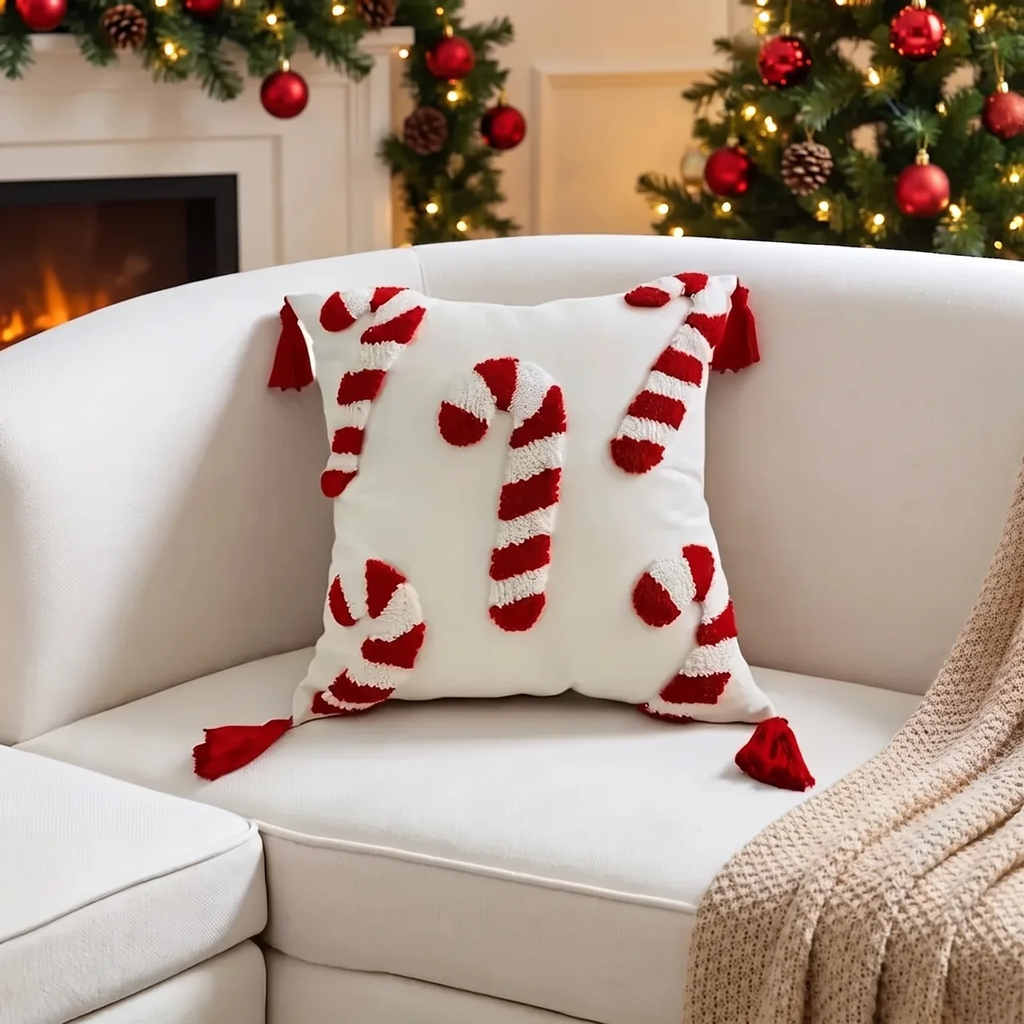 Christmas Candy Cane Cushion Cover with Plush Embroidery