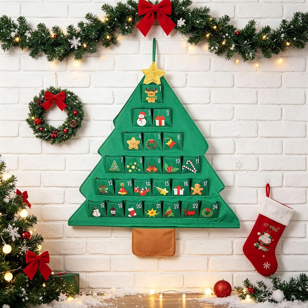 Fabric Christmas Tree Advent Calendar with 24 Refillable Pockets
