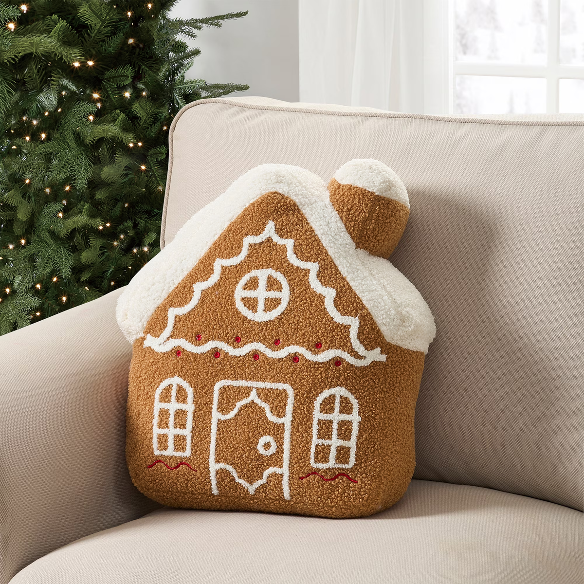Gingerbread House Cushion 32cm Embroidered Fleece Christmas Decor