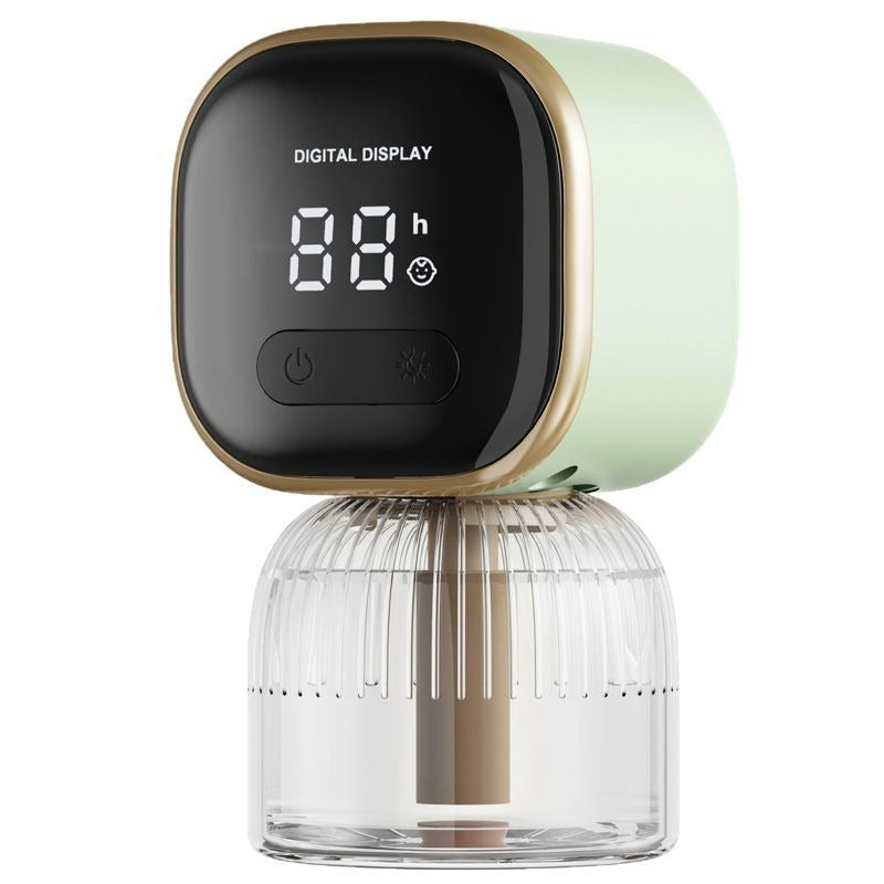 Digital display device with a clear cylindrical container on a white background