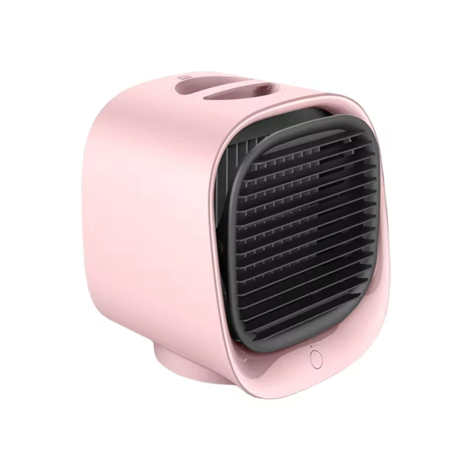 Pink handheld fan with black grille on a white background