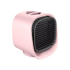 Pink handheld fan with black grille on a white background