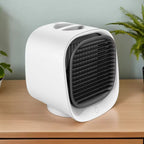 White portable air conditioner on a wooden surface with plants in the background