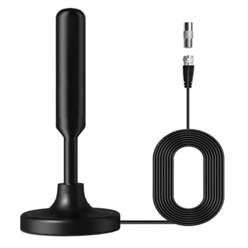 Black TV antenna with cable on a white background
