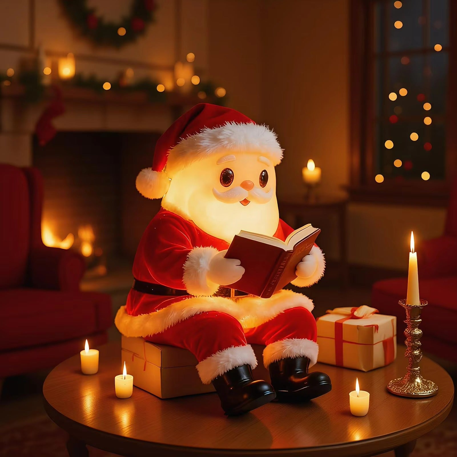 A glowing Santa Claus figure in a red suit sits on a table holding an open book in a warm, candle-lit holiday room. A wrapped gift box, a candlestick with a lit candle, and other candles are arranged around him, with a fireplace and window in the background.