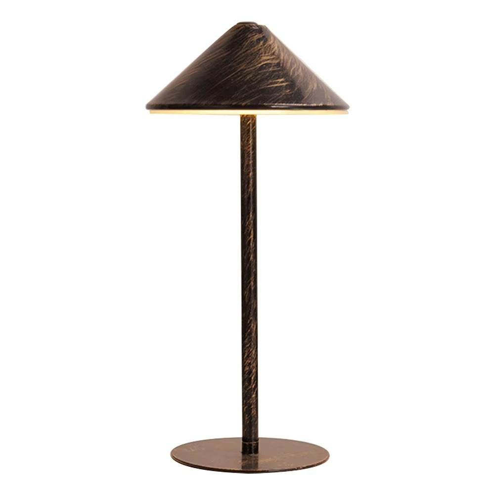 A table lamp with a dark brown, wood-grain textured conical shade, a matching dark brown central stem, and a round bronze-finished base, shown against a plain white background.