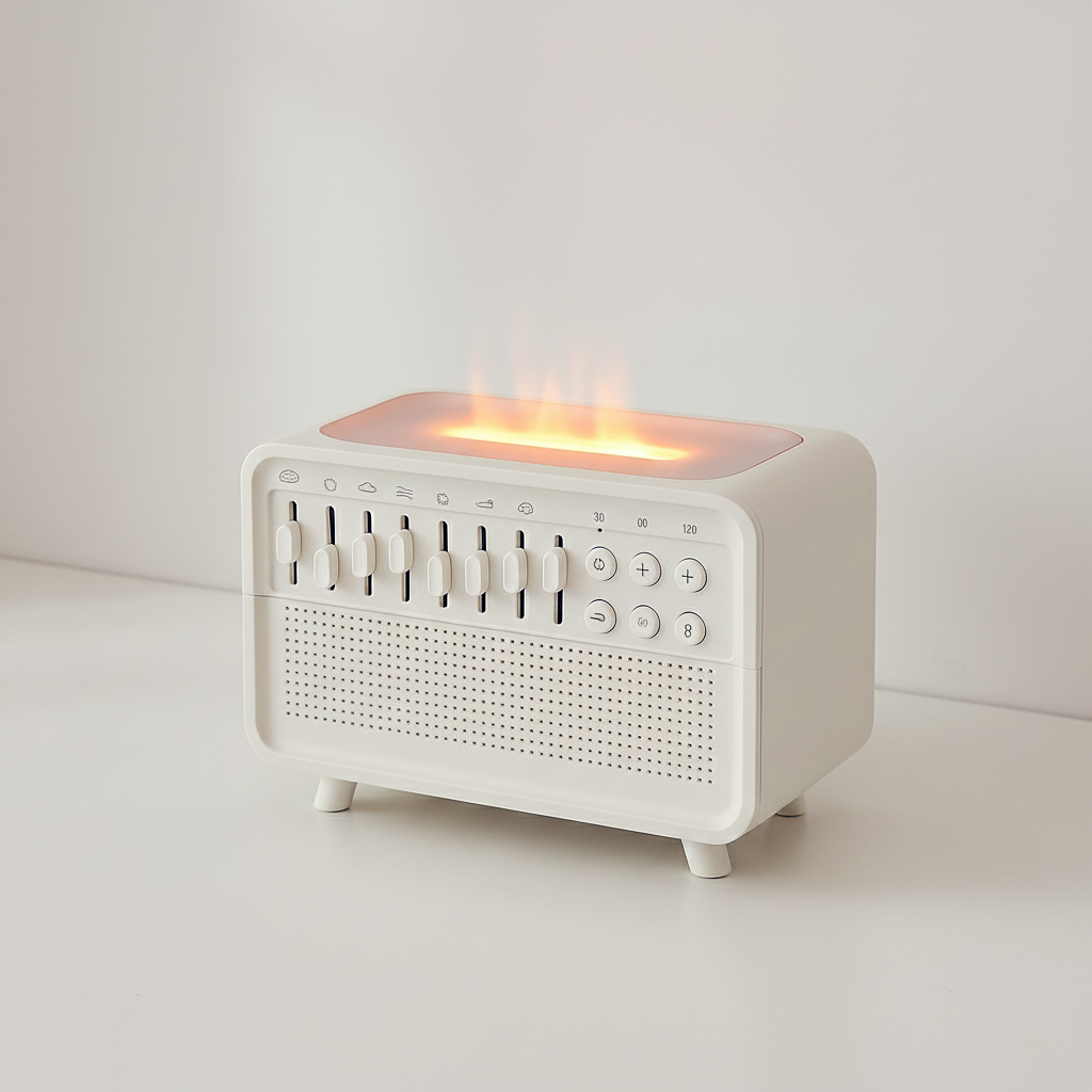 White rectangular fire pit with glowing interior on a light gray background