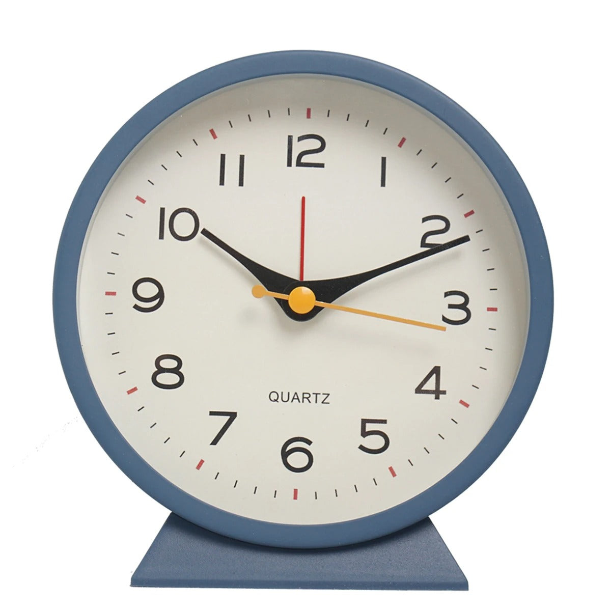 Round clock with blue frame and white face on a white background