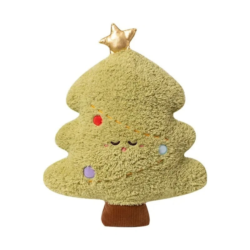 A plush Christmas tree pillow in a light olive green color with a gold star on top, embroidered facial features, colorful ornaments, and a brown base, shown with a height measurement overlay of 45cm (17.72in) on a white background.