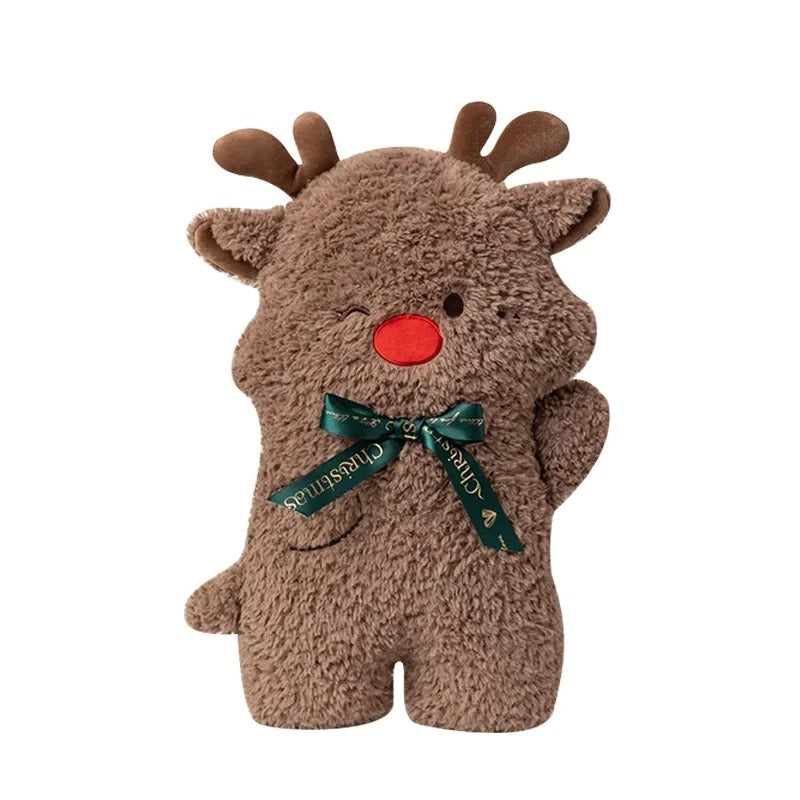 A brown plush reindeer toy with a red nose and a green 'Christmas' ribbon bow, shown on a white background with a vertical measurement marker indicating 45cm (17.32in) height.