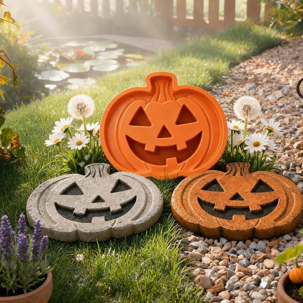 Three pumpkin-shaped garden decor pieces displayed outdoors on grass and a gravel path: a bright orange mold or tray in the center back, a gray stone plaque on the left, and a brown carved pumpkin stake on the right. The scene includes grass, flowers, a pond, and a fence in the background.