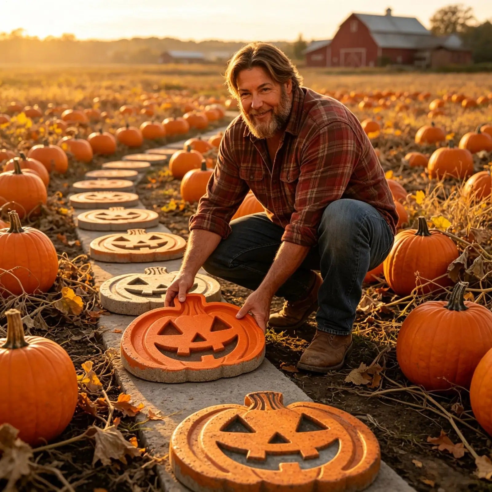 A smiling man in a plaid shirt and jeans crouches in a pumpkin field at sunset, placing a carved orange jack-o'-lantern path stone onto a concrete path surrounded by many pumpkins.