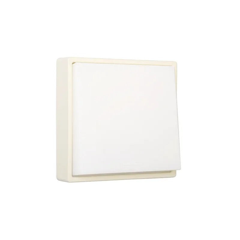 Square wall light fixture with a white shade on a white background