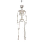 An off-white plastic hanging skeleton decoration with a black hanging loop at the top, shown on a white background with dimension lines indicating a height of 400mm (15.75in) and a width of 105mm (4.