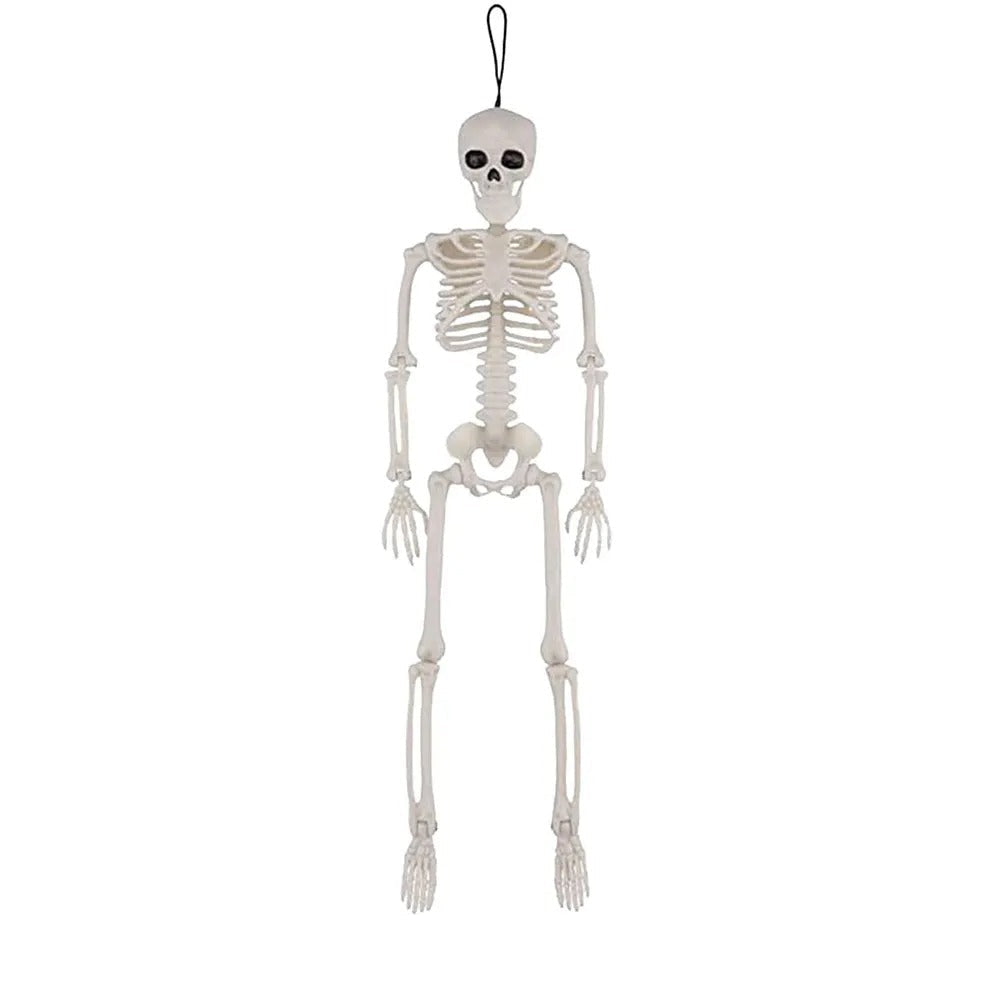 An off-white plastic hanging skeleton decoration with a black hanging loop at the top, shown on a white background with dimension lines indicating a height of 400mm (15.75in) and a width of 105mm (4.
