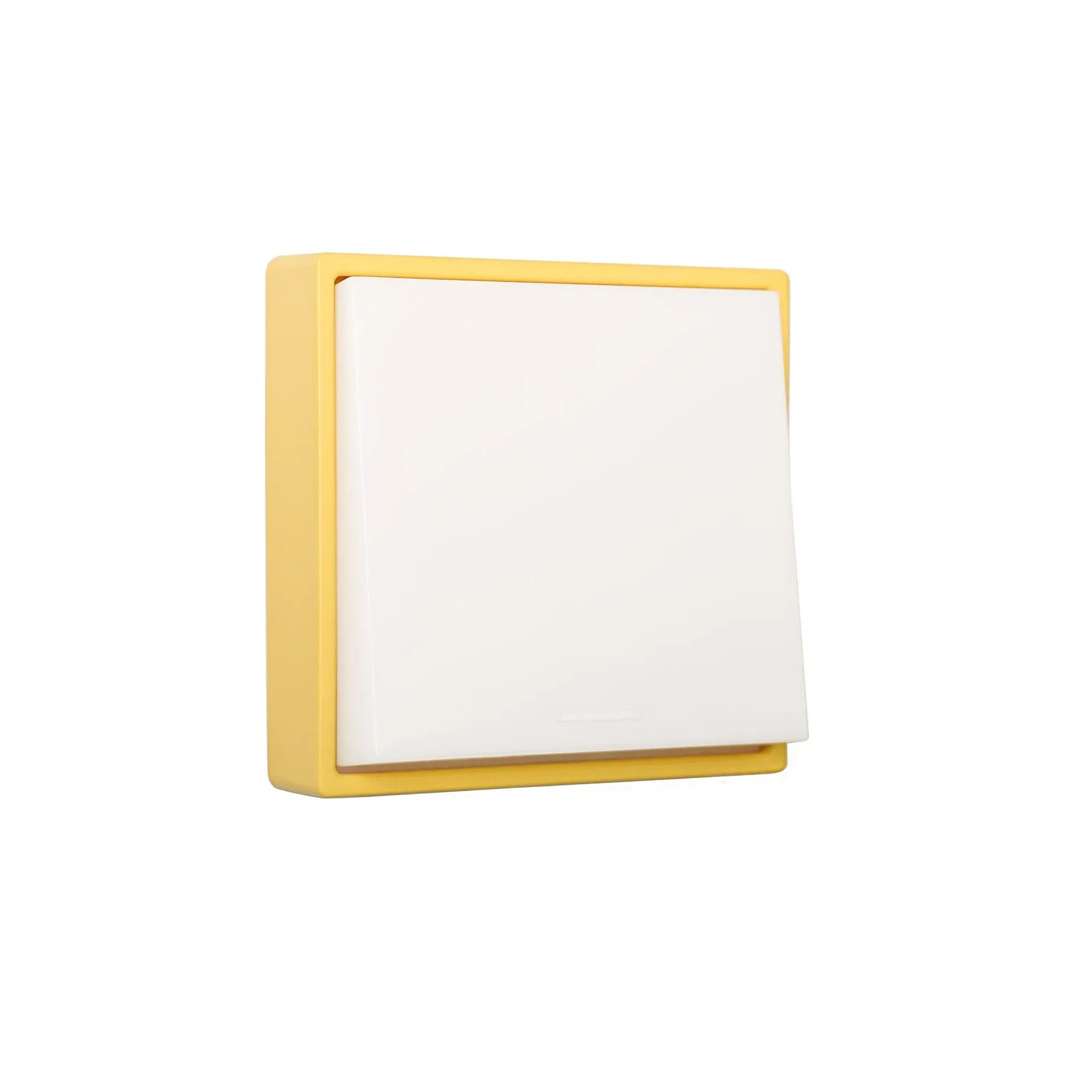 Square wall light with yellow frame and white back on a white background