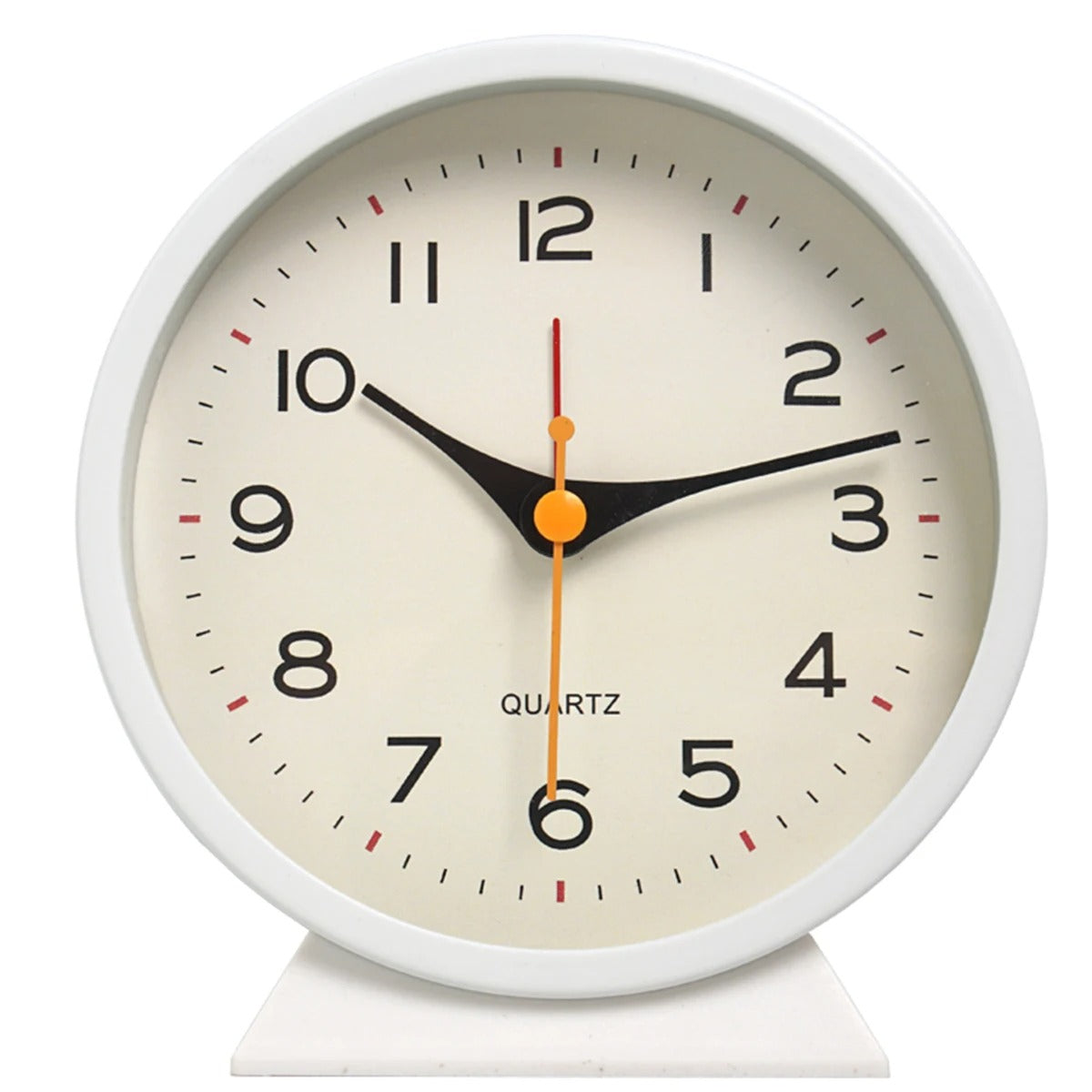 White clock with a beige face on a white background