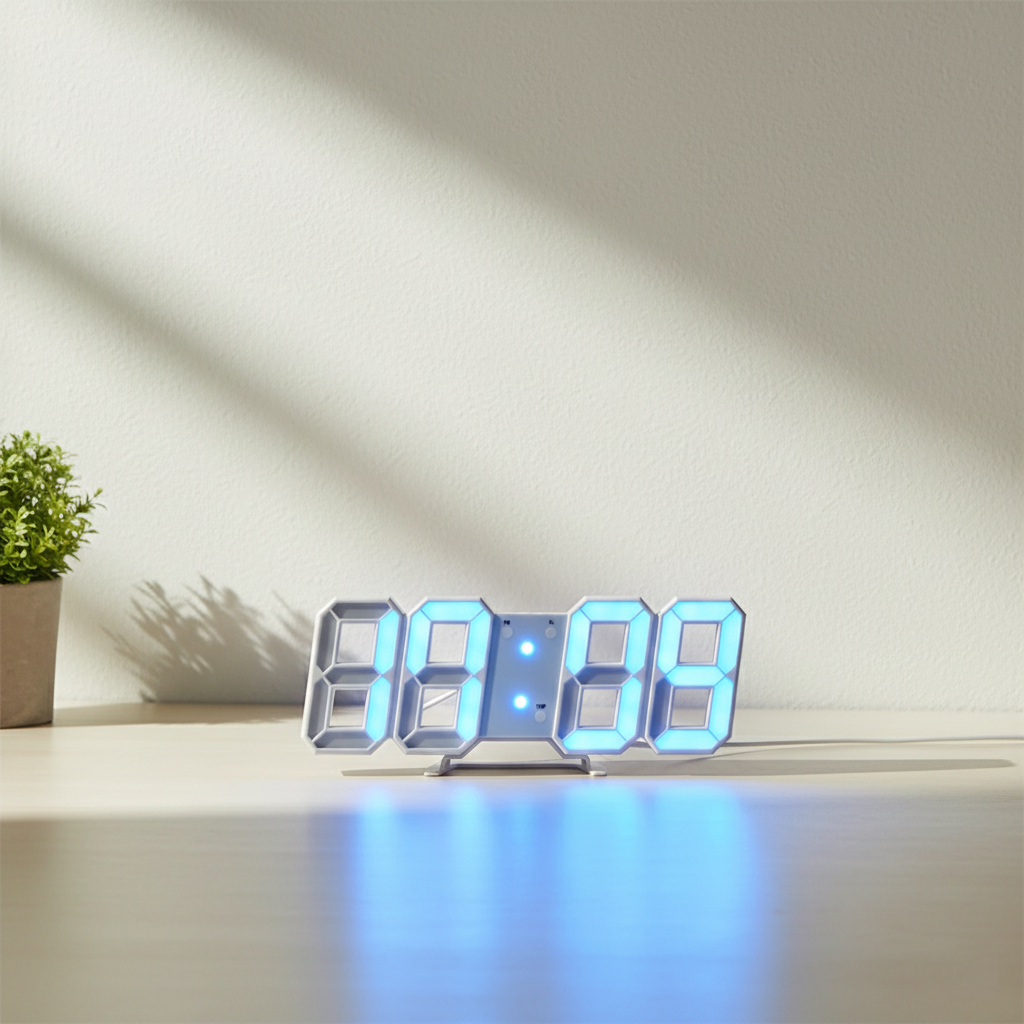 Digital clock with blue LED display on a white surface