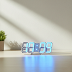 Digital clock with blue LED display on a white surface