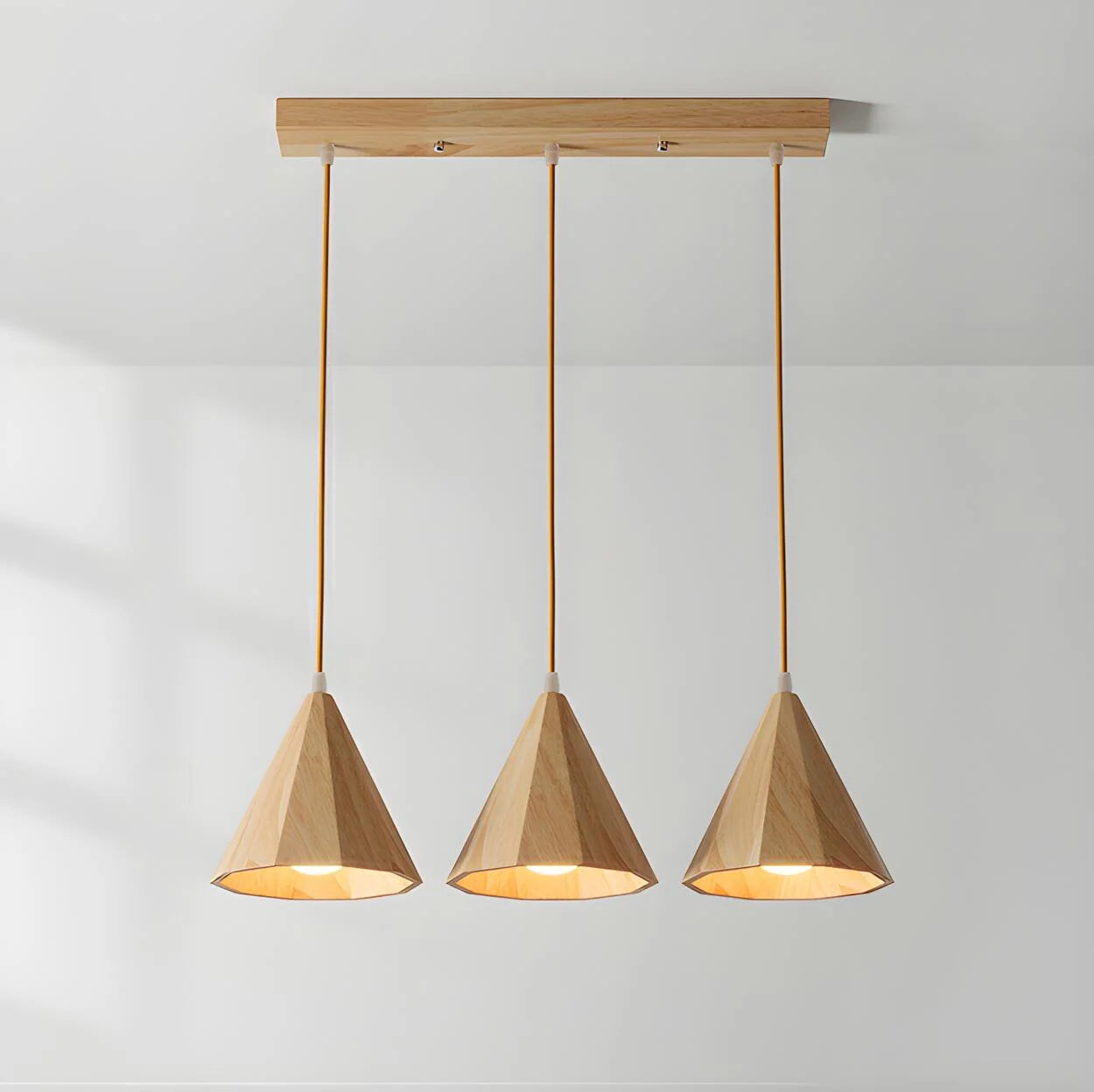 Pendant Lamp Wood Cone Three Head Linear Design LED Compatible