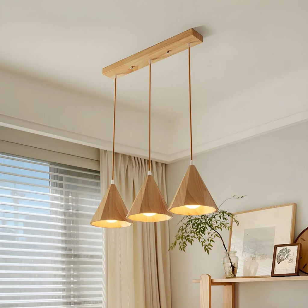 Pendant Lamp Wood Cone Three Head Linear Design LED Compatible