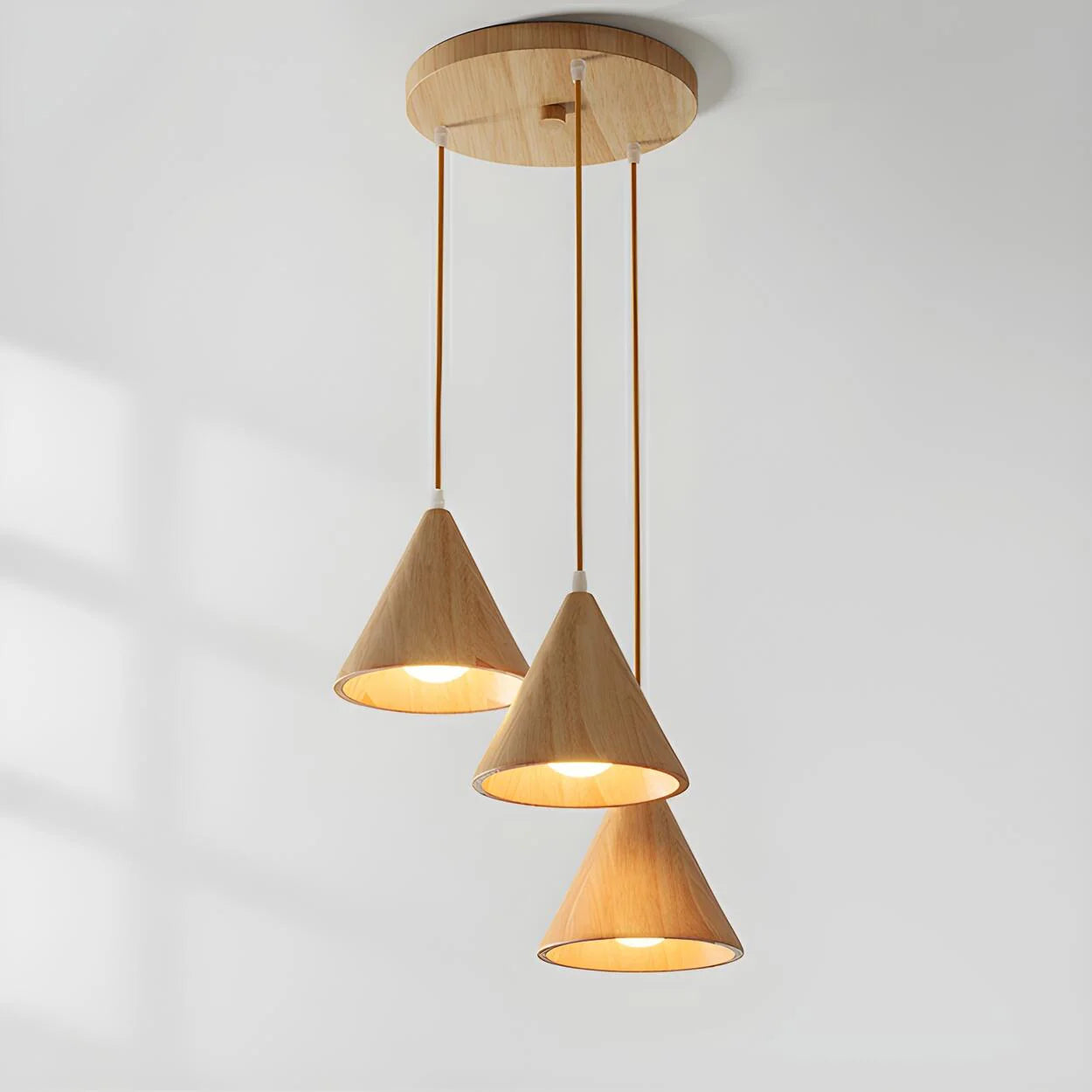 Pendant Lamp Wood Cone Three Head Linear Design LED Compatible