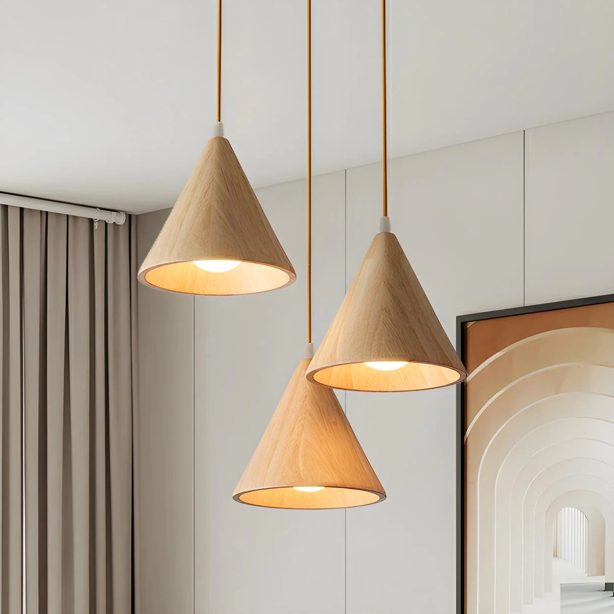 Pendant Lamp Wood Cone Three Head Linear Design LED Compatible