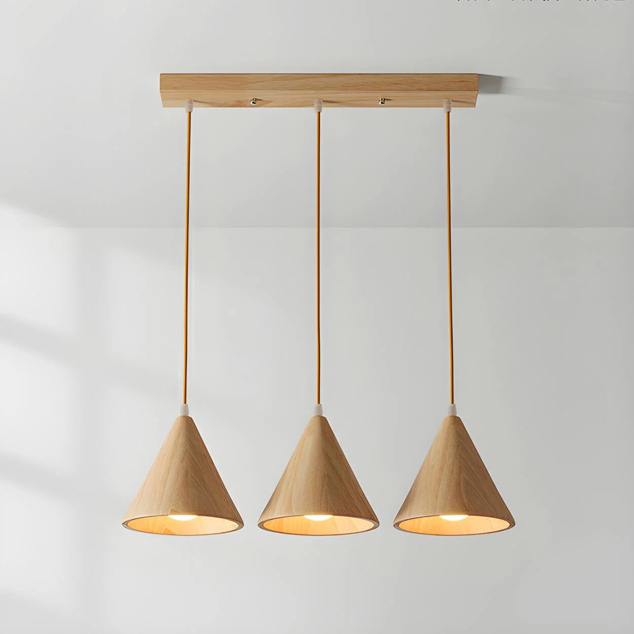 Pendant Lamp Wood Cone Three Head Linear Design LED Compatible