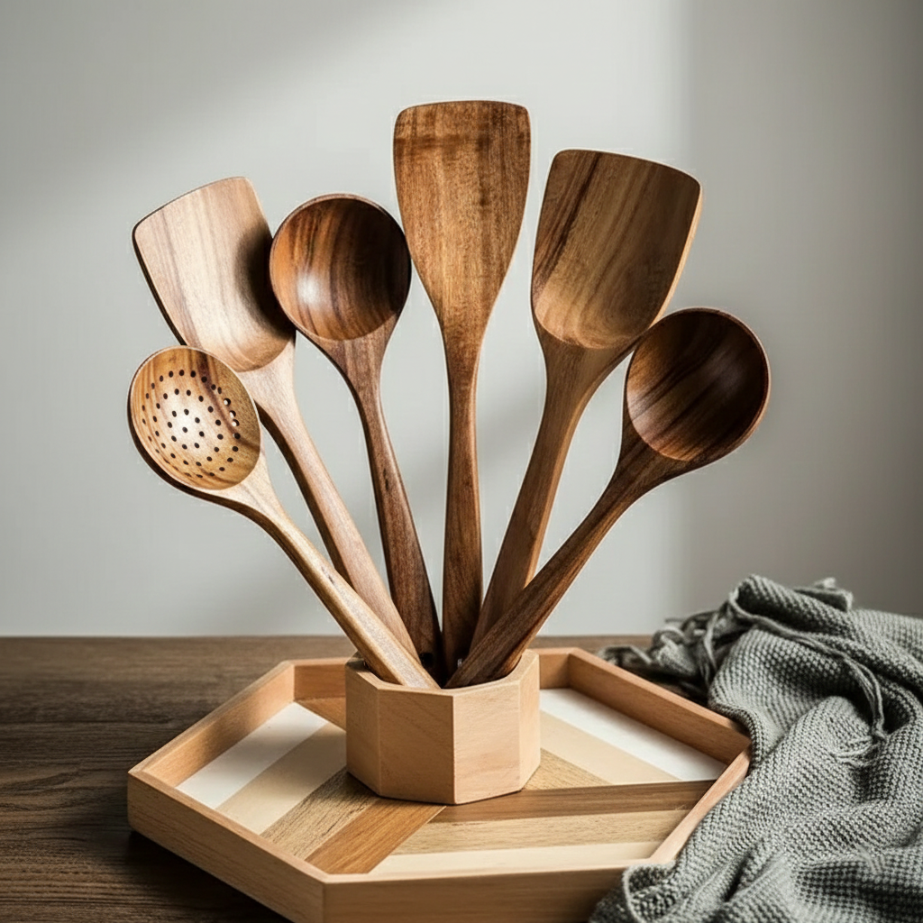 Set of wooden kitchen utensils in a holder on a wooden tray with a neutral background