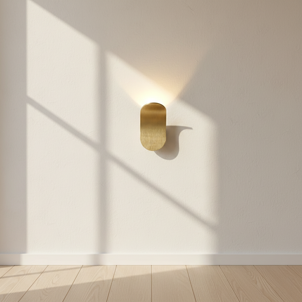 Gold wall sconce casting a shadow on a white wall with wooden floor.