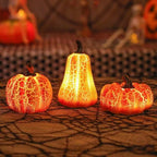 Three illuminated decorative pumpkins with a spiderweb background