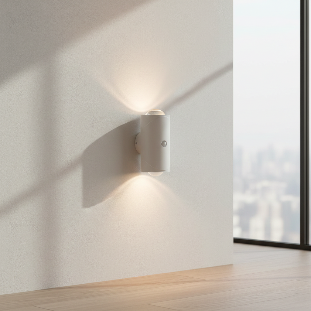 Modern wall-mounted light fixture on a white wall with a window in the background