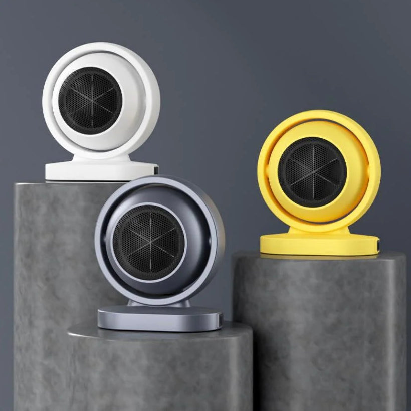 Three circular devices on stands against a gray background