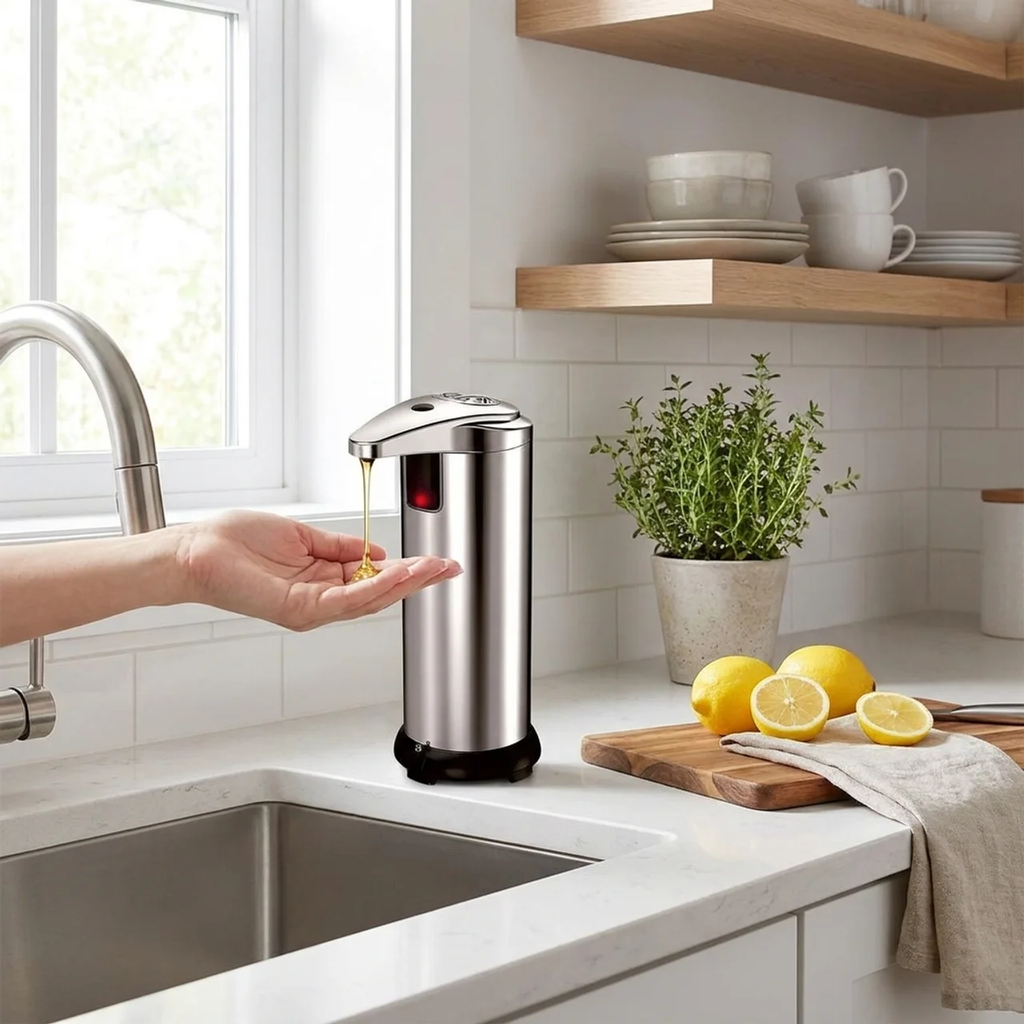 Hand using a soap dispenser on a kitchen counter with lemons and a cutting board.