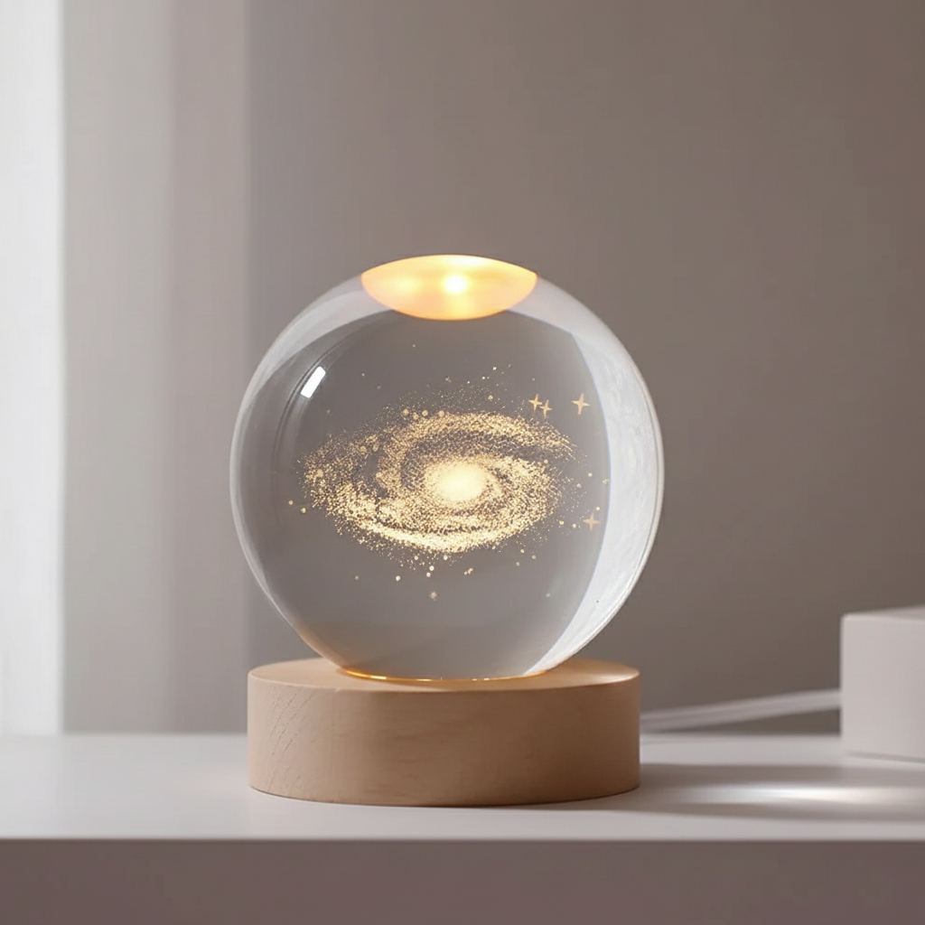 Glass sphere with galaxy design on a wooden base against a neutral background