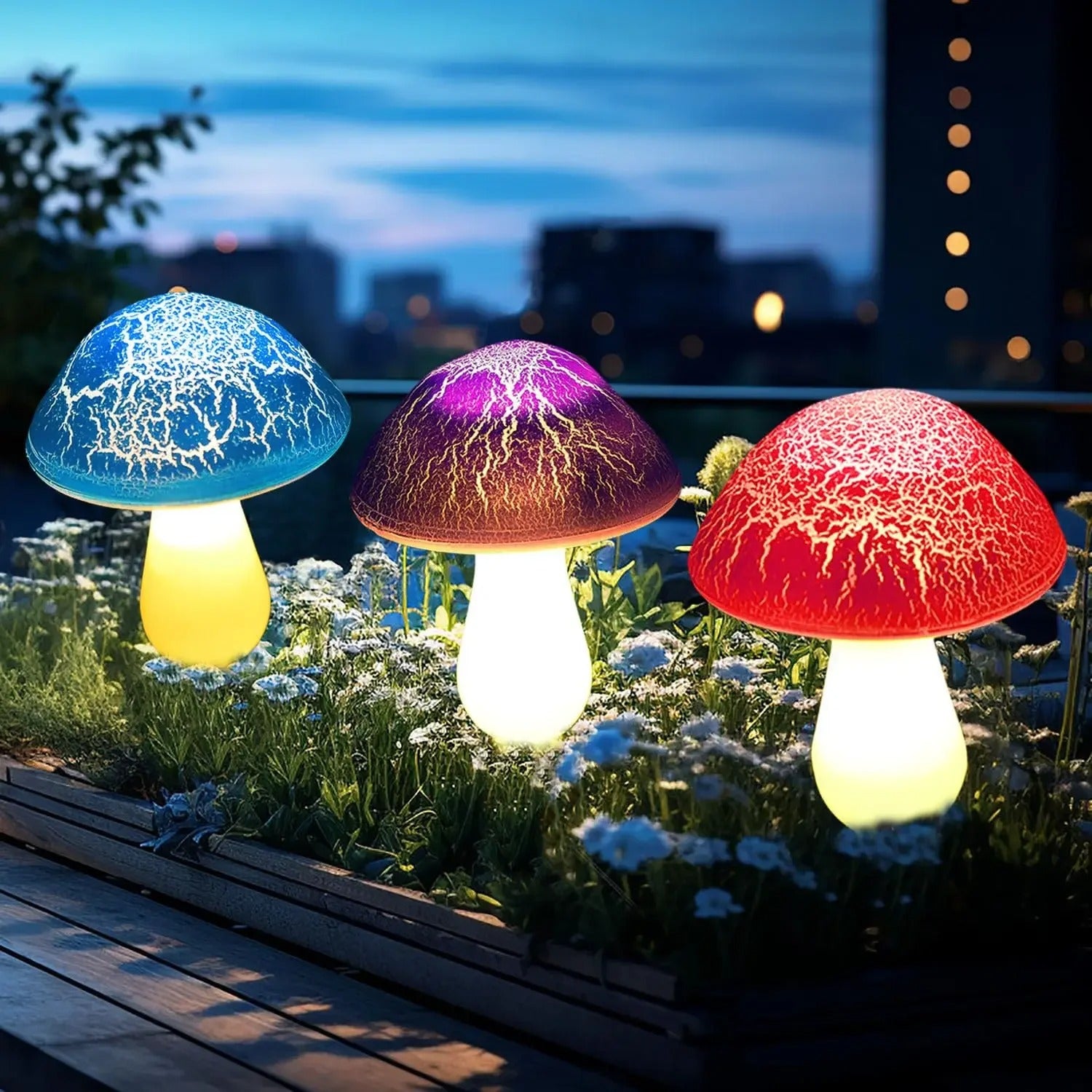 Solar Mushroom Garden Lights with Cracked Glass Cap and Detachable Solar Panel
