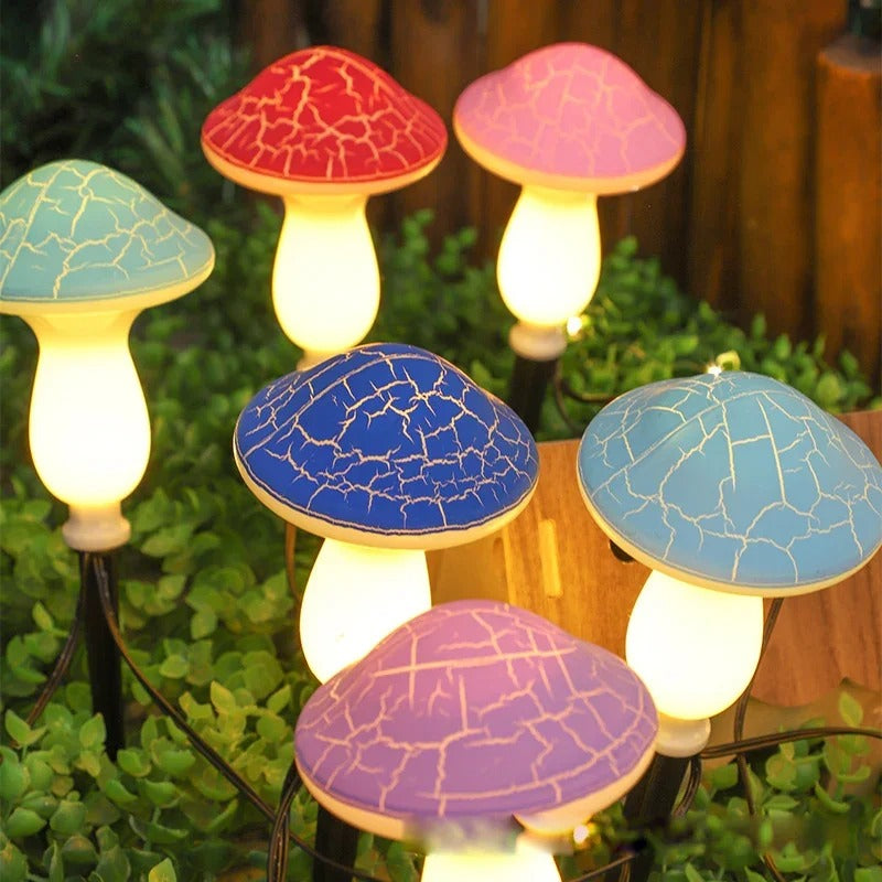 Solar Mushroom Garden Lights with Cracked Glass Cap and Detachable Solar Panel