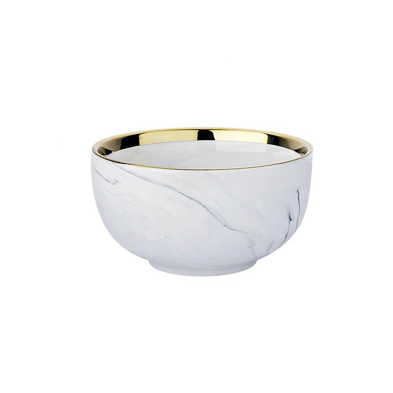 White marble-patterned rice bowl with gold rim and measurements on a white background