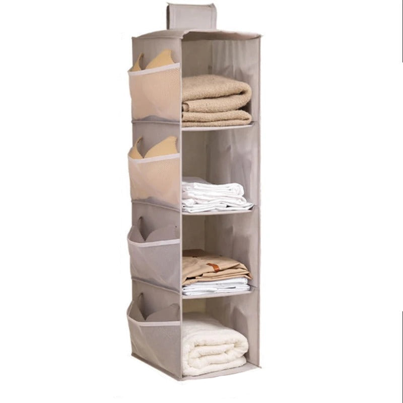 Textile organizer with shelves and pockets, showing measurements on a white background