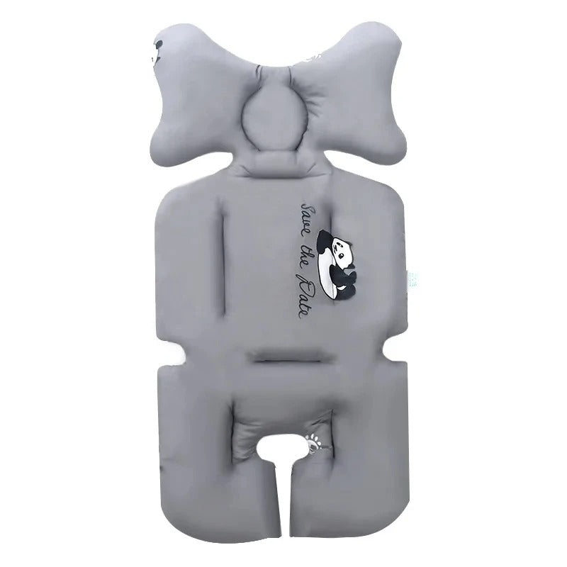 Gray baby seat cover with panda design on a white background