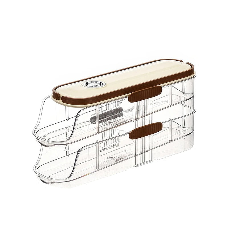 Egg storage container with dimensions on a white background