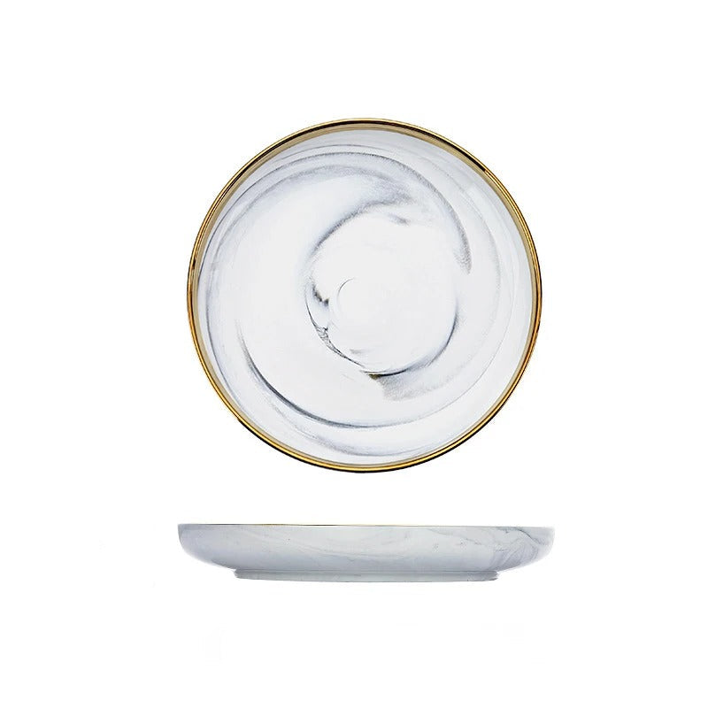 A white marble-patterned platter with a thin gold rim, shown from top and side views with dimension labels reading 18.8 cm diameter and 7.