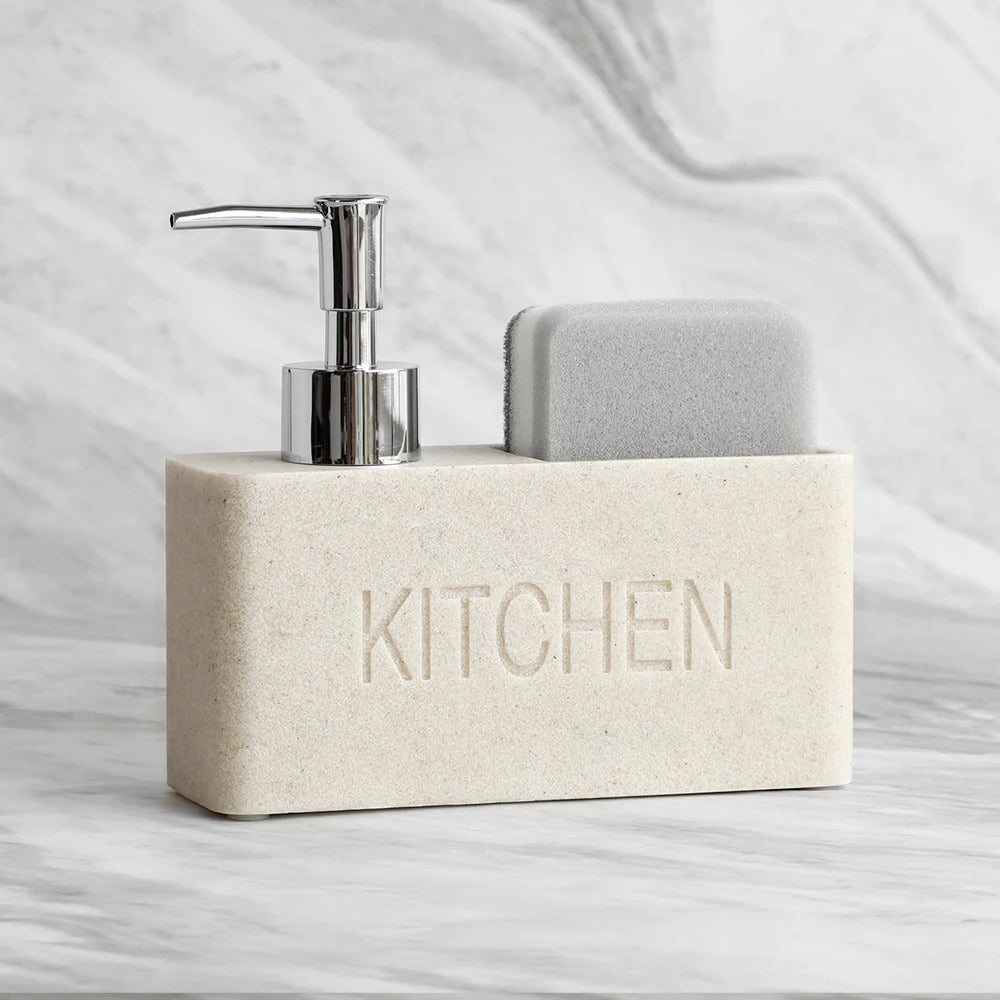 Kitchen-themed soap dispenser with a pump on a marble surface