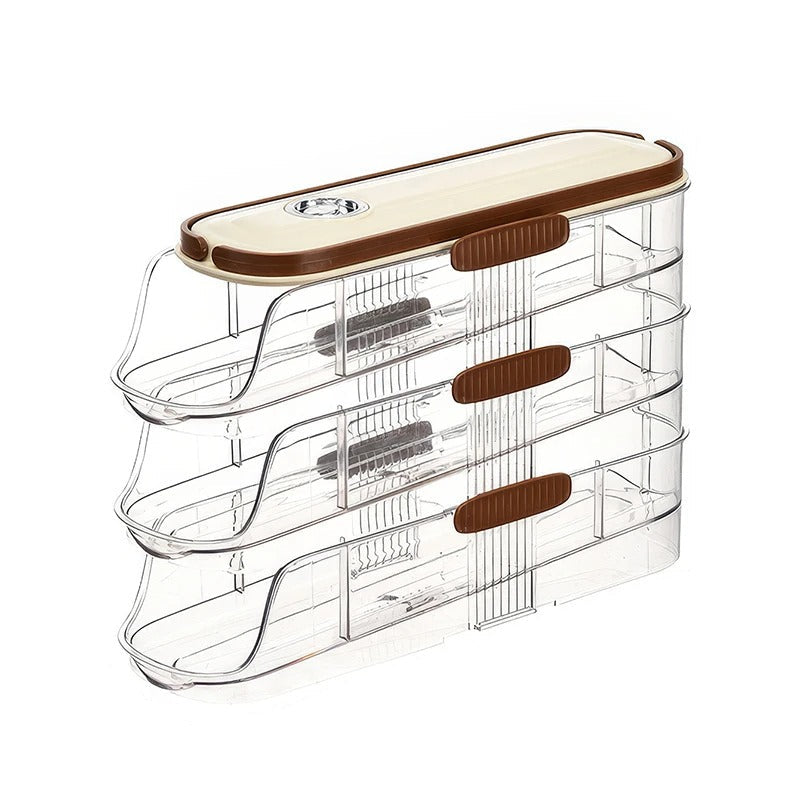 Egg storage organizer with three layers and dimensions on a white background