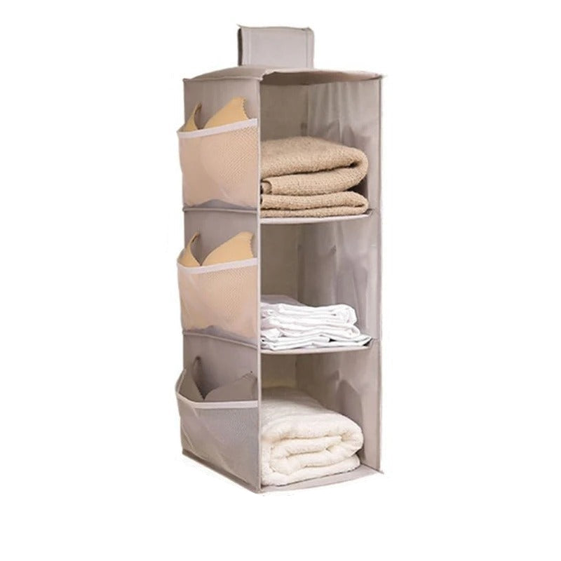 Beige fabric storage cabinet with towels on a white background, showing dimensions.