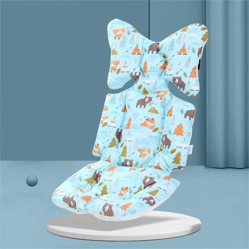 Baby seat cover with animal pattern on a stand against a blue background