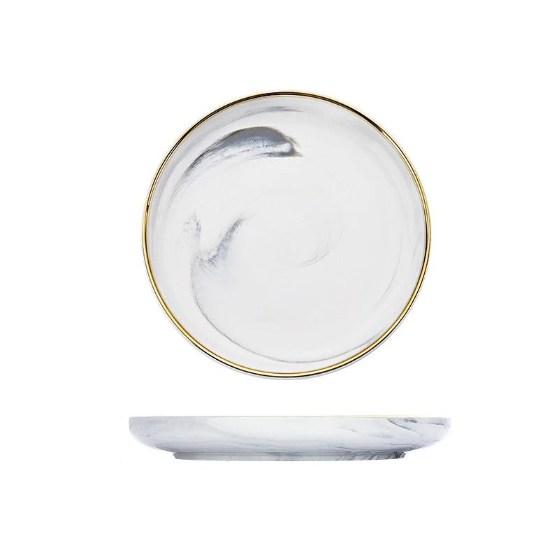 An 8-inch shallow pan with a white and gray marbled pattern and a thin gold rim, shown with dimension labels indicating a 20.5 cm diameter and 3 cm depth.